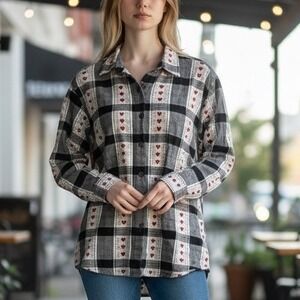 Cascade Blue Shirt Womens XL Black Plaid Heart Print Cotton Vintage Long Sleeve